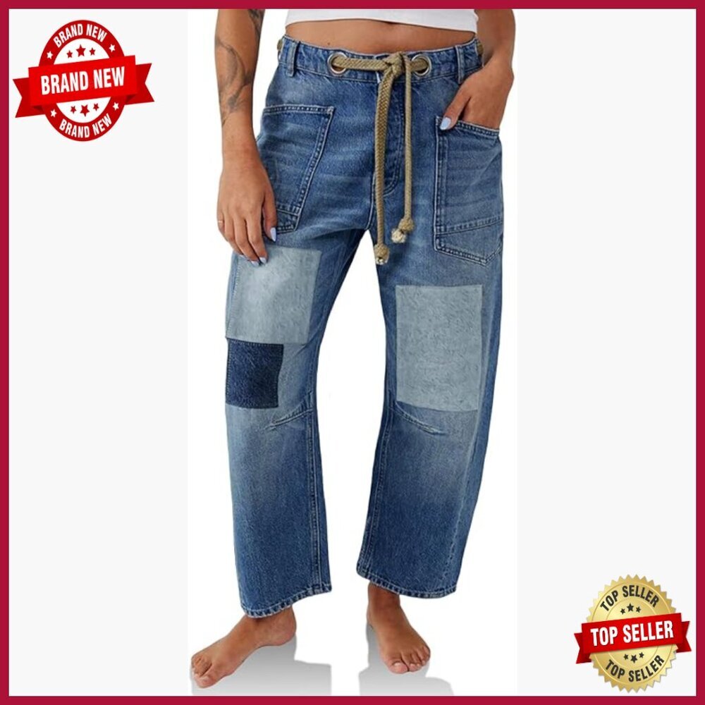 Wide Leg Barrel Jeans Low Rise Patchwork Denim Pants with Pockets